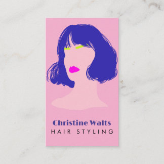Tarjeta De Visita Diseño Plano QR de Estilismo de Cabello Rosa Azul
