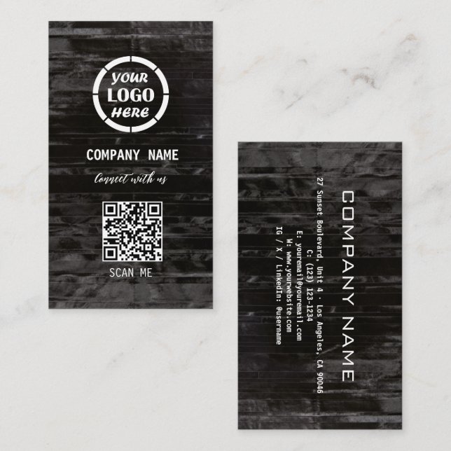 Tarjeta De Visita Diseño profesional de madera negra Código QR moder (Anverso / Reverso)