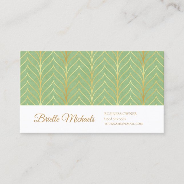 Tarjeta De Visita Diseño profesional Primavera Verde y Oro Art Deco (Anverso)