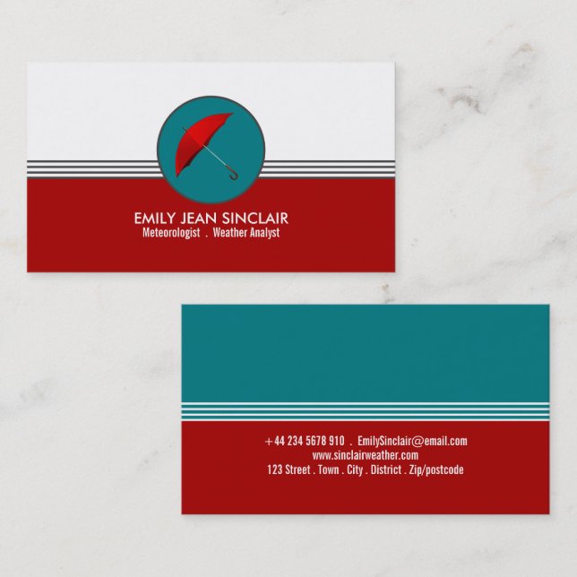 Tarjeta De Visita Diseño Retro de Paraguas Rojos, Meteorólogo (Anverso / Reverso)
