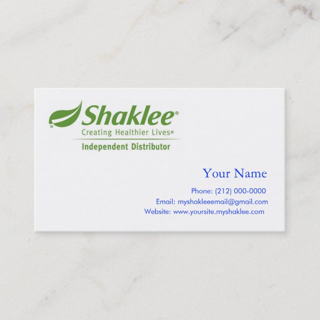 Tarjeta De Visita Distribuidor de la independiente de Shaklee (Anverso)