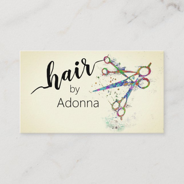 Tarjeta De Visita divertida colorida tijeras caprichosas arte marfil (Anverso)
