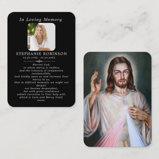 Tarjeta De Visita Divine Mercy Catholic Funeral Black Prayer Card (Anverso / Reverso)