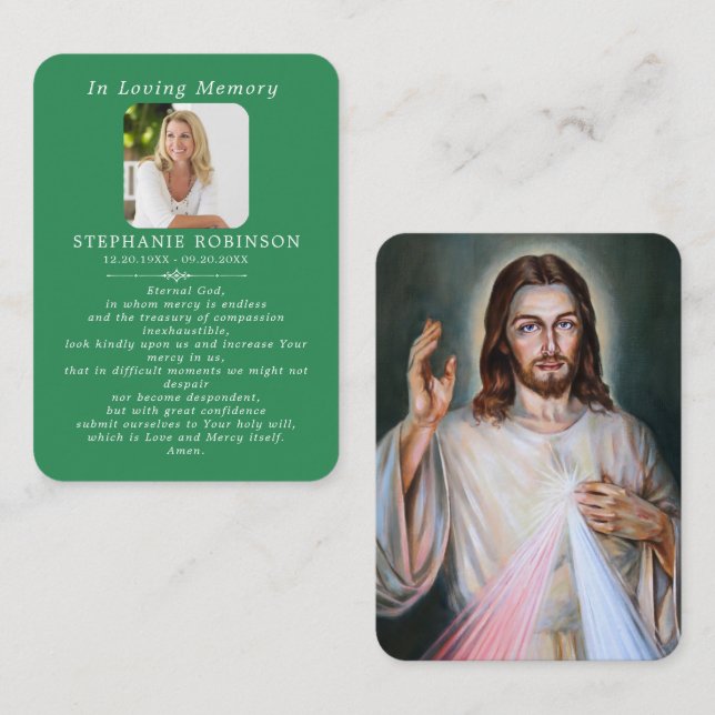 Tarjeta De Visita Divine Mercy Catholic Funeral Green Prayer Card (Anverso / Reverso)