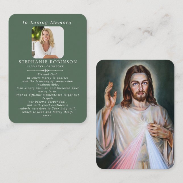 Tarjeta De Visita Divine Mercy Catholic Sage Green Prayer Card (Anverso / Reverso)