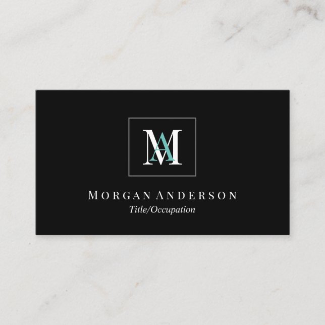 Tarjeta De Visita DIY Monograma blanco/Verde azulado Nombre Caja gri (Anverso)