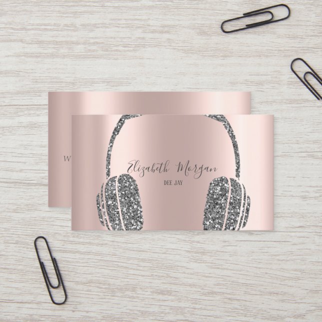 Tarjeta De Visita DJ de auriculares Rosa Gold Silver Purpurina (Anverso/Reverso In Situ)