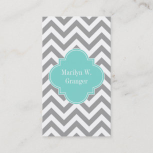 Tarjeta De Visita Dk Gris Blanco LG Chevron Turquesa Monograma Nombr