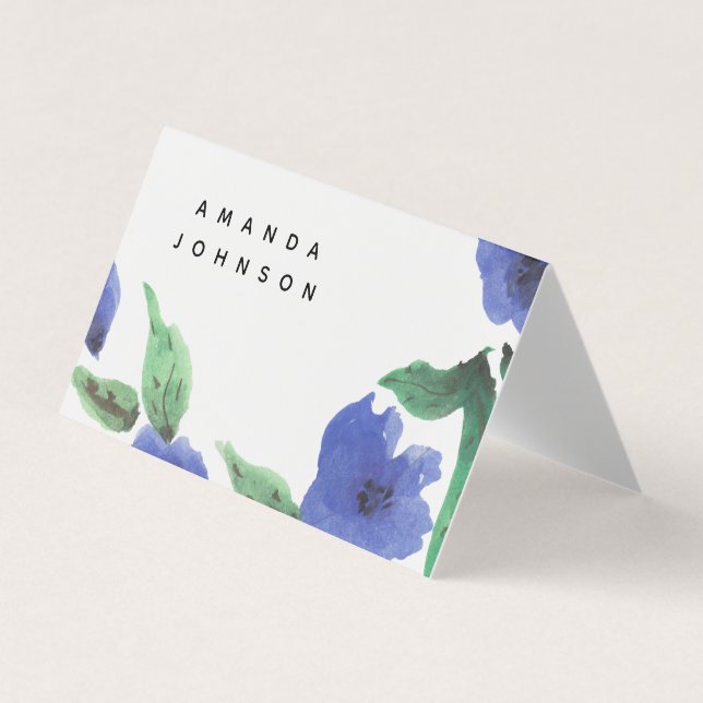 Tarjeta de visita doblada acuarela floral azul (Anverso)