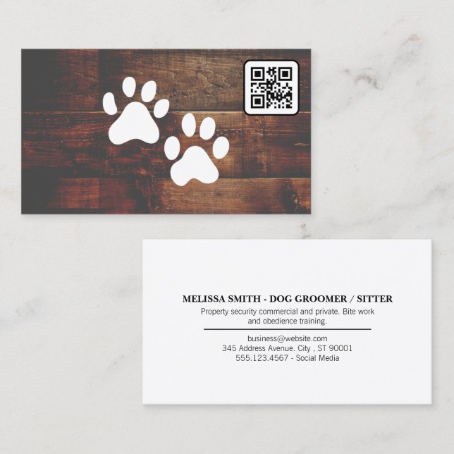 Tarjeta De Visita Dog Groomer | CÓDIGO QR | Paws | Wood Business Car (Anverso / Reverso)