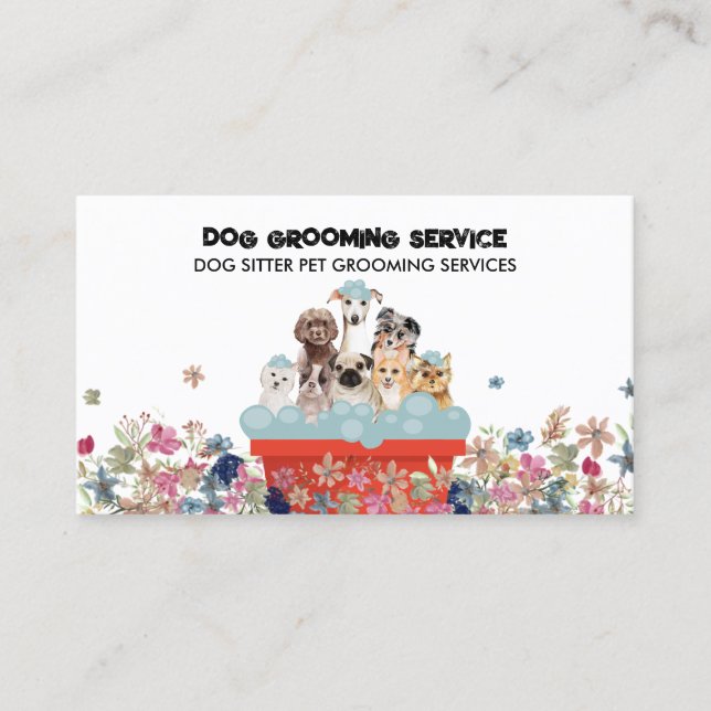 Tarjeta De Visita Dog Grooming Bath Bed Floral Boho rústico (Anverso)