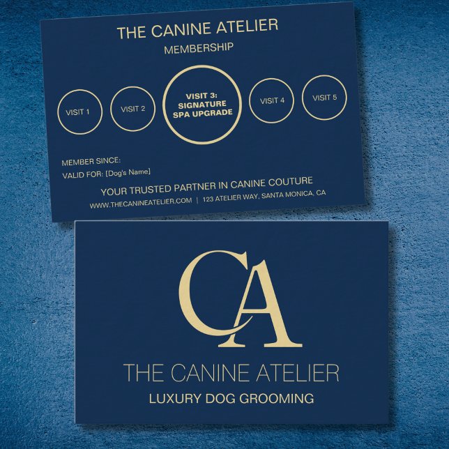 Tarjeta De Visita Dog Grooming Business Card Atelier Blue & Gold (Dog grooming business card for luxury grooming business. Works as  membership and loyalty card)