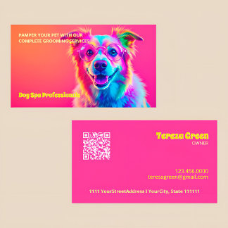 Tarjeta De Visita Dog Grooming Neon QR
