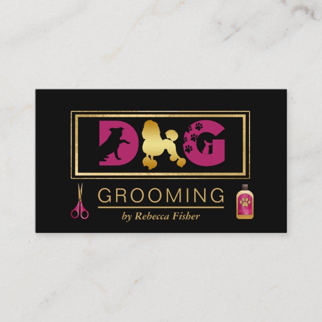 Tarjeta De Visita Dog Grooming Services Black Pink Business Card (Anverso)