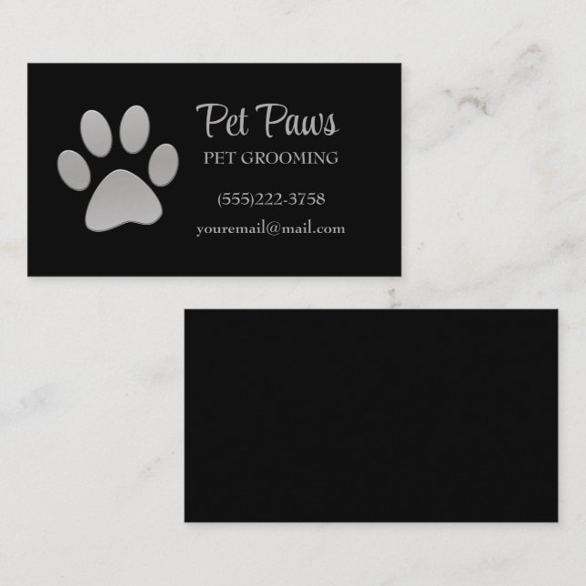 Tarjeta De Visita Dog Paw Silver Mascota negro Grooming Service (Anverso / Reverso)