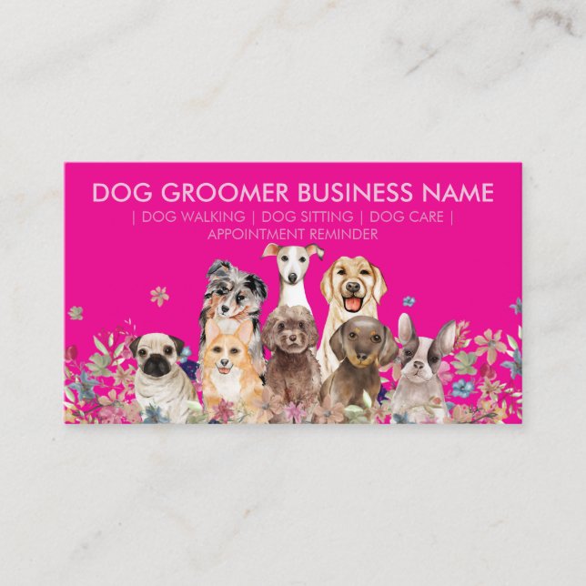 Tarjeta De Visita Dog Puppies Flowers | Pink Pet Appointment (Anverso)