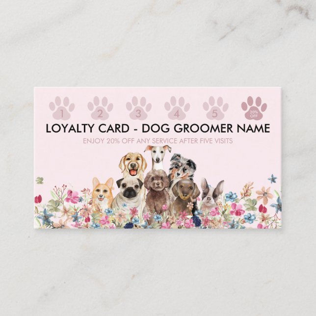 Tarjeta De Visita Dog Walker Groomer Loyalty | Pink Pet Rewards (Anverso)