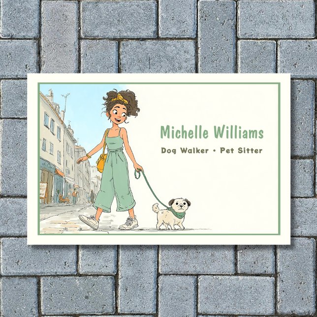 Tarjeta De Visita Dog Walker | Mascota Sitter | Chica Caminando Perr (Front - Dog Walker - Pet Sitter - Girl Walking Dog Business Card)