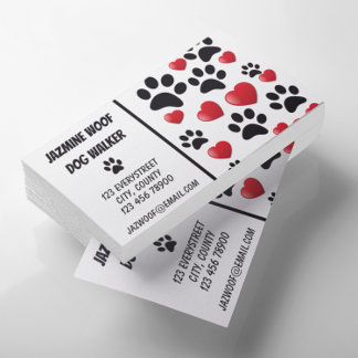 Tarjeta De Visita Dog Walker Pet Sitter Fun Paw and Hearts 