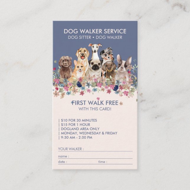 Tarjeta De Visita Dog Walker Service Nombre de regalo gratuito azul (Anverso)
