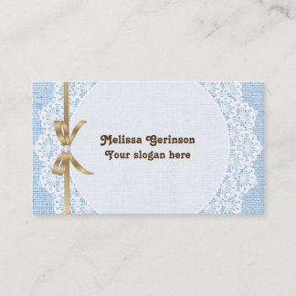 Tarjeta De Visita Doily blanca con encaje y burlap azul