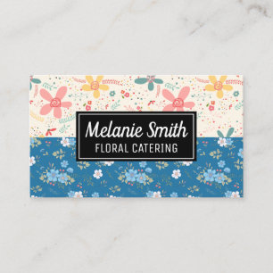 Tarjeta De Visita Doodles de flores   Flores blancas azules