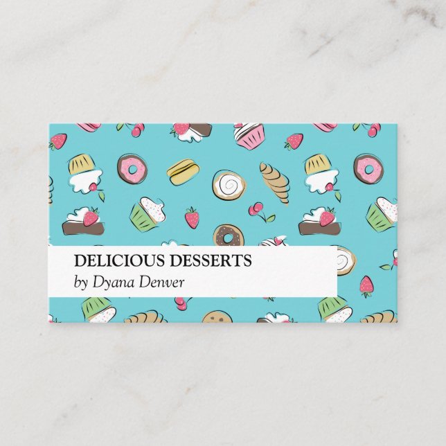 Tarjeta De Visita Doodles de postre turquesa | Panadería (Anverso)