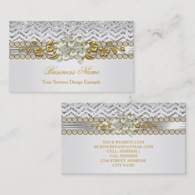 Tarjeta De Visita Dorada Silver Chevron White Diamond Pearl Floral (Anverso / Reverso)