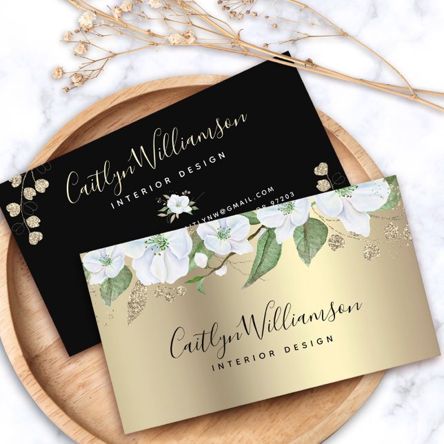 Tarjeta De Visita Dorado acuarela Floral estilo Black Script moderno (Subido por el creador)