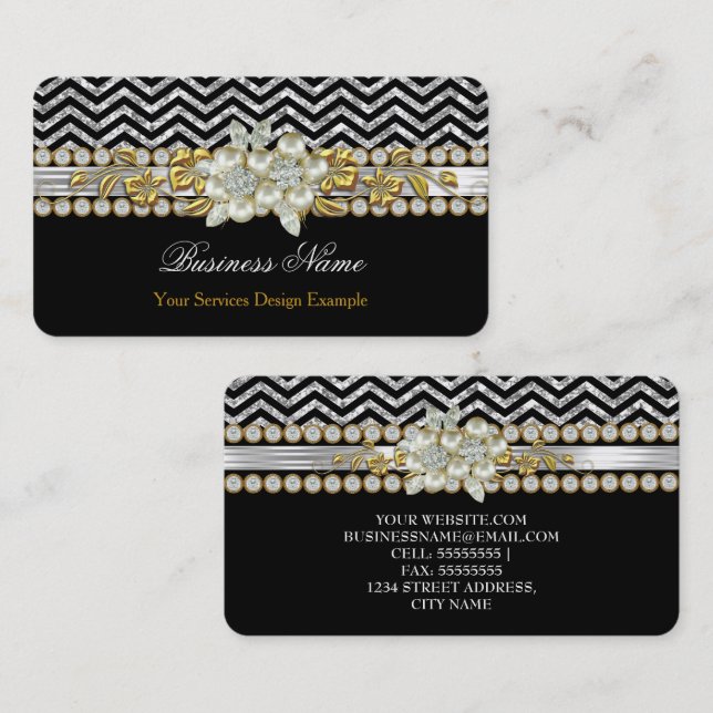 Tarjeta De Visita Dorado Black Silver Chevron Diamond Pearl Floral (Anverso / Reverso)