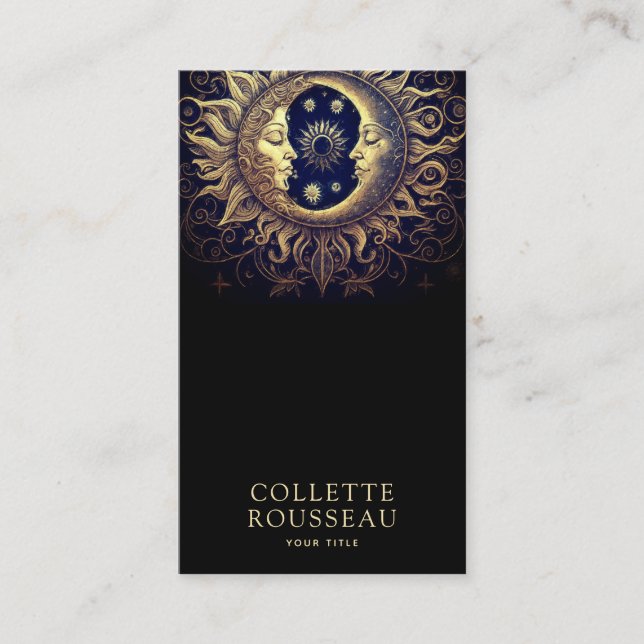 Tarjeta De Visita Dorado de luna de sol celestial negro (Anverso)