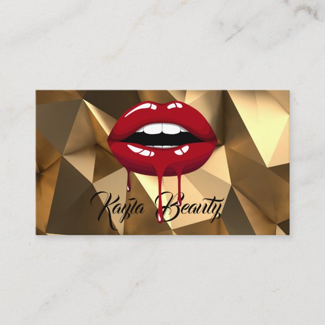 Tarjeta De Visita Dorado Glam Red Drip Lips Makeup (Anverso)