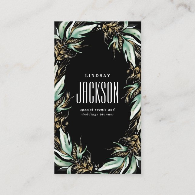 Tarjeta De Visita Dorado Greenery Wreath Elegante Lujo Sólido Negro (Anverso)