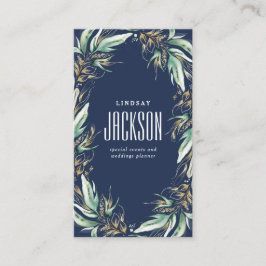 Tarjeta De Visita Dorado Greenery Wreath Elegante Marina Azul