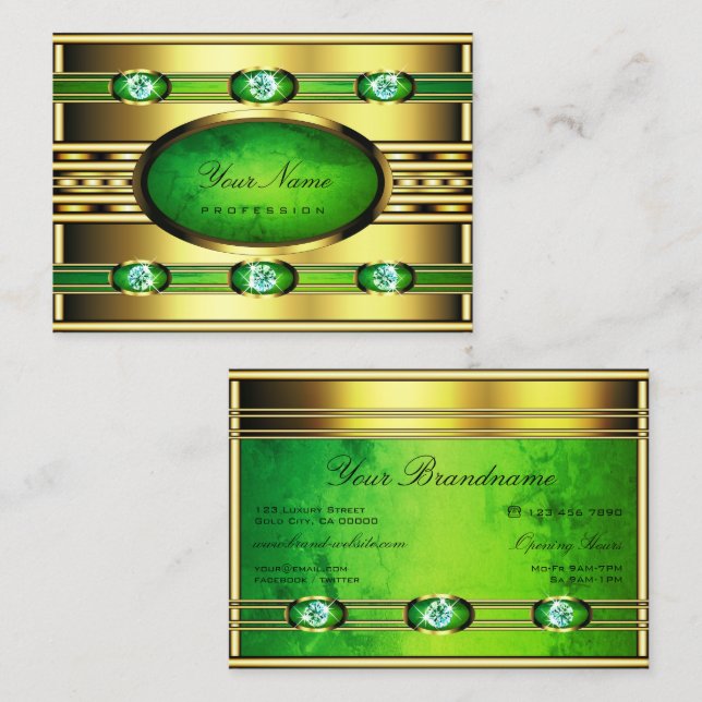 Tarjeta De Visita Dorado llamativo con mármol verde y diamantes fals (Anverso / Reverso)