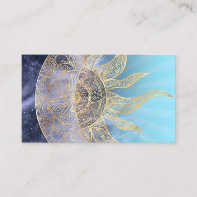 Tarjeta De Visita Dorado Moon Sun Mandala Diseño Celeste (Anverso)