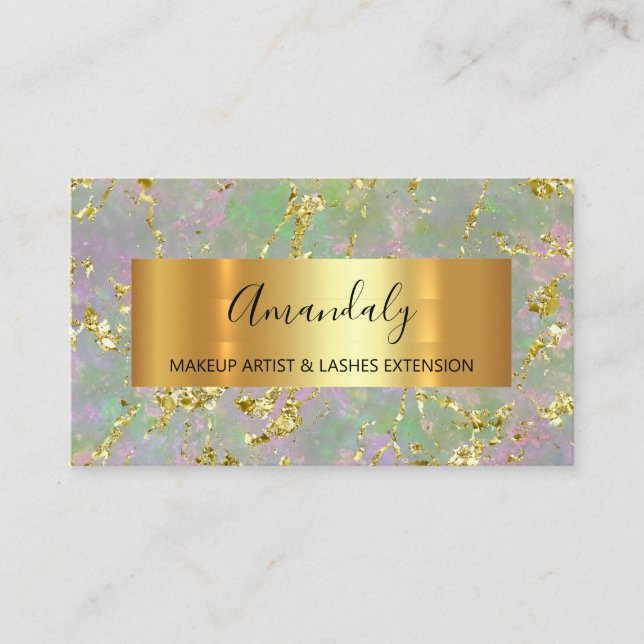 Tarjeta De Visita Dorado Strokes Salón De Belleza Mint Green Marble (Anverso)