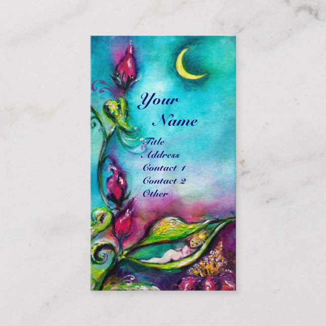 TARJETA DE VISITA DORMIR DE THUMBELINA ENTRE HOJAS ROSAS (Anverso)