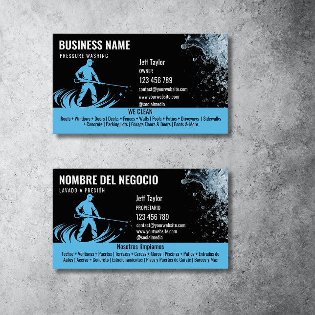 Tarjeta De Visita Dos idiomas Presión Lavado de Energía Tejido de La (spanish and english bilingual power washing business cards, black and blue)
