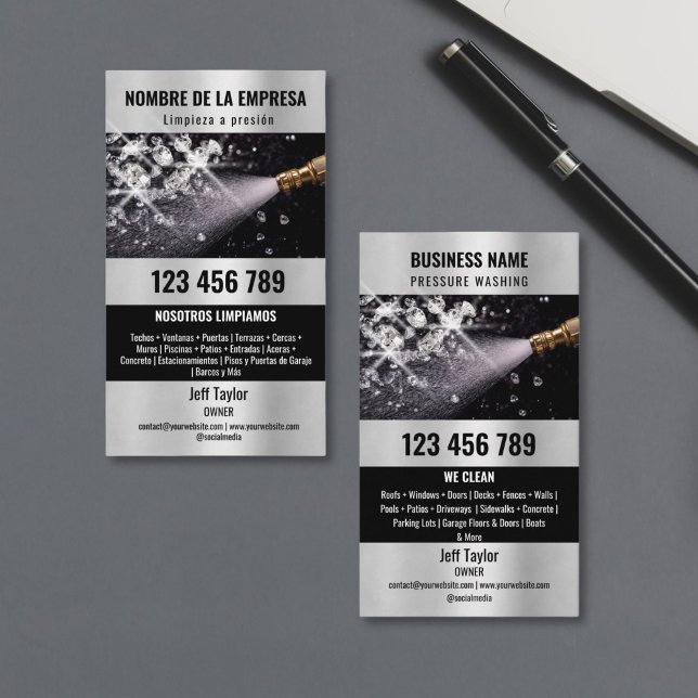 Tarjeta De Visita Dos idiomas Presión Lavado de Energía Tejido de La (wash pressure machine with diamonds in the water splash)