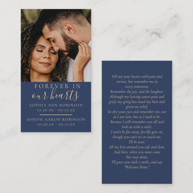 Tarjeta De Visita Double Memorial Photo Funeral Blue Prayer Card (Anverso / Reverso)