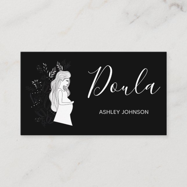 Tarjeta De Visita Doula Birch Coach Midwife Calligraphy Black White (Anverso)