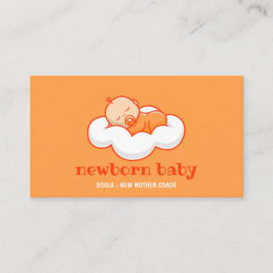 Tarjeta De Visita Doula Nuevo Bebé Durmiendo en Nube Naranja