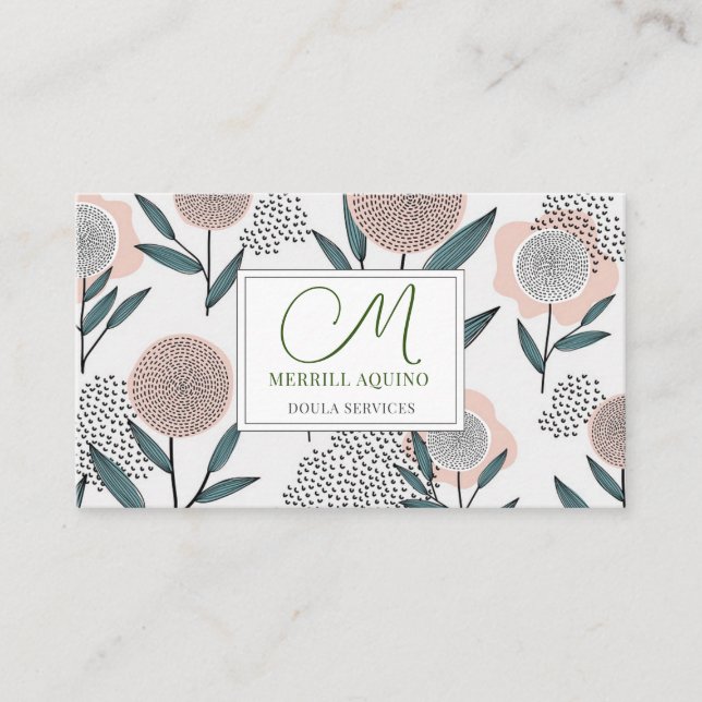 Tarjeta De Visita Doula Services Hand Drake Floral Monogrammed (Anverso)