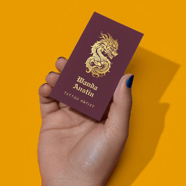 Tarjeta De Visita Dragón Chino Burgundy Y Artista De Tatuajes De Oro