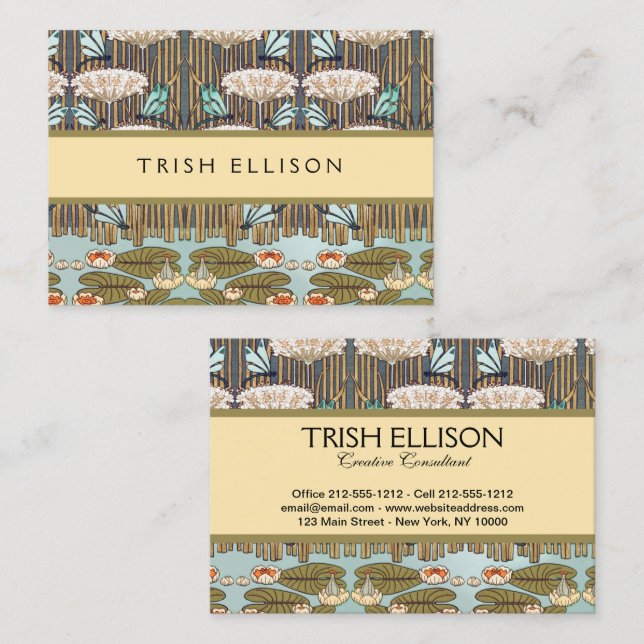 Tarjeta De Visita Dragonflies Water Lilies Marsh Art Nouveau (Anverso / Reverso)