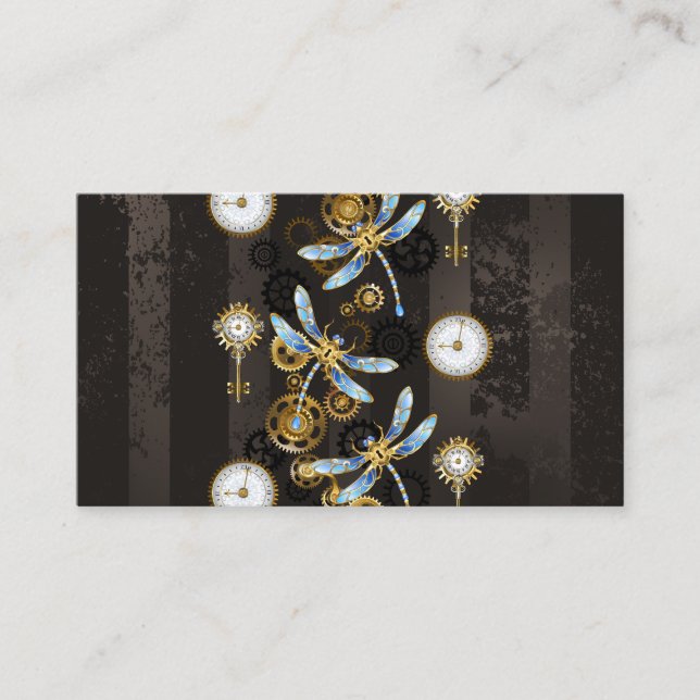 Tarjeta De Visita Dragoniscos de Steampunk sobre fondo rayado marrón (Anverso)