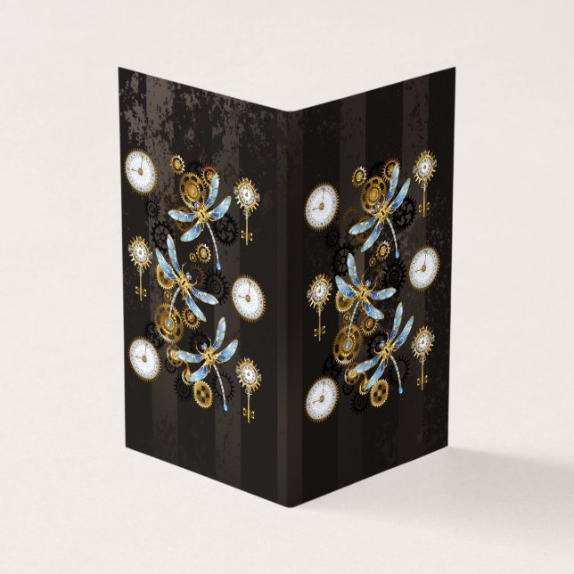 Tarjeta De Visita Dragoniscos de Steampunk sobre fondo rayado marrón (Exterior)