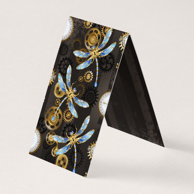 Tarjeta De Visita Dragoniscos de Steampunk sobre fondo rayado marrón (Reverso)