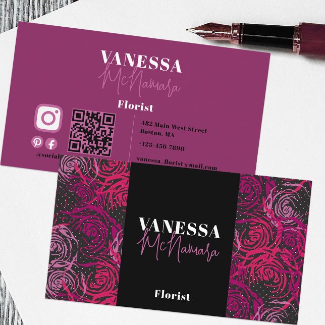 Tarjeta De Visita Dramático florista del patrón floral rosado negro (Subido por el creador)